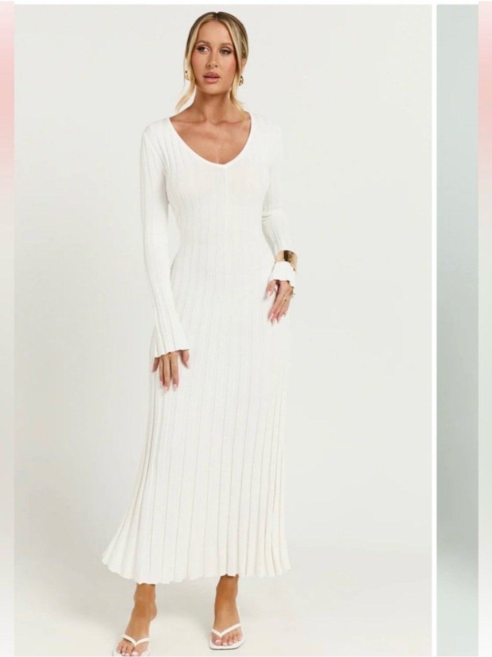 White Ribbed Long Sleeve Maxi Dress